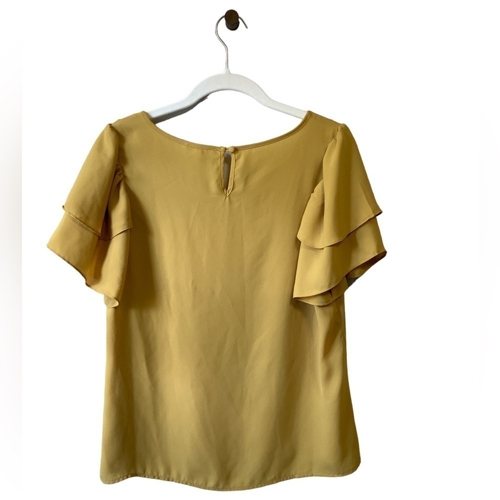Under Skies Mustard Yellow Blouse Laser Cut Detail Collar Layered Flowy Sleeves - Picture 4 of 6